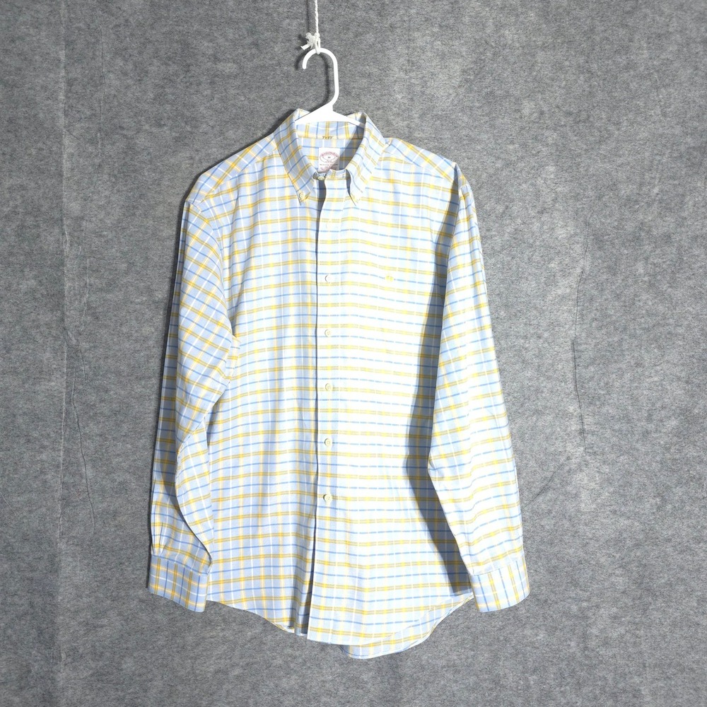Brooks Brothers 346 Shirt Mens M Blue Yellow Plaid Supima Cotton Non Iron EZ Wrk